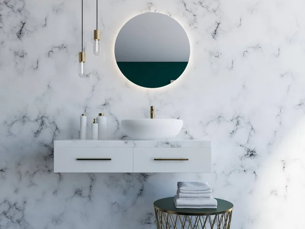 Elegant White Sink Standing White Shelf Mirror Hanging White Marble — Stock Photo, Image