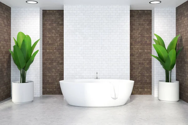 White brick bathroom interior with a white floor and a white bathtub standing between two potted plants. 3d rendering mock up