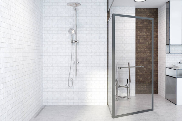 White brick bathroom interior with an open glass door, a sink and a shower. A concrete floor. 3d rendering mock up