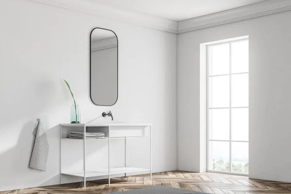 Witte Badkamer Wastafel Permanent Een Scandinavische Stijl Badkamer Hoek Met — Stockfoto