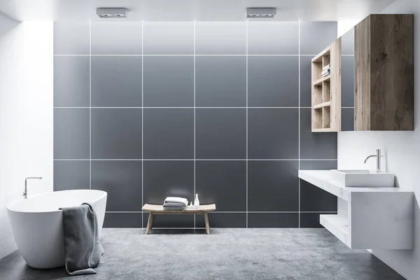 木製キャビネット 白い浴槽 シンクと黒のタイルのモダンなバスルーム インテリア コンクリートの床 レンダリングをモックアップします — ストック写真