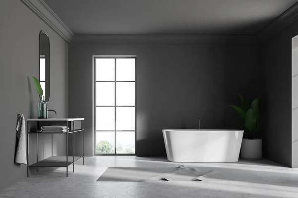 Gray Wall Loft Bathroom Interior Concrete Floor Angular White Tub — Stock Photo, Image