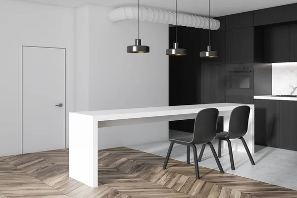 Esquina Cocina Blanca Negra Apartamento Estudio Con Suelo Madera Mármol —  Fotos de Stock