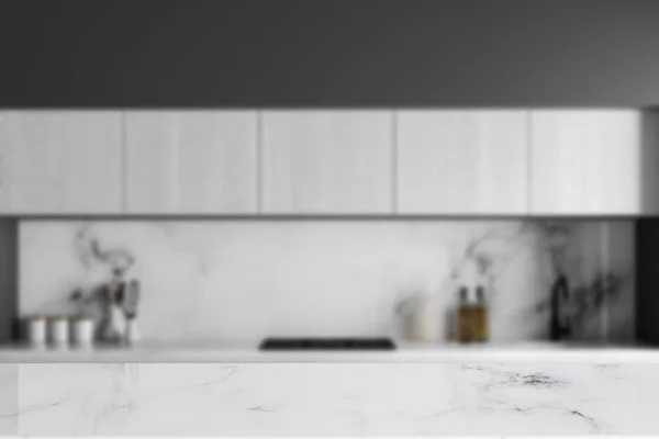 Countertops Van Witte Grijze Keuken Een Witte Marmeren Tafel Voorgrond — Stockfoto
