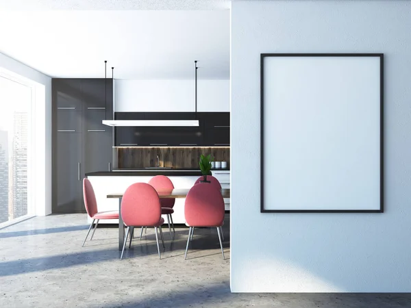 White and black kitchen interior with a concrete floor, black and white countertops with built in appliances and a wooden table with pink chairs. A frame poster on a wall. 3d rendering mock up