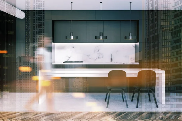Woman in a black and marble kitchen interior with black countertops with built in appliances and a white narrow table with chairs. 3d rendering mock up toned image double exposure blurred
