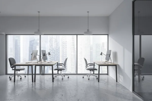 Panoramic Office Interior White Glass Walls Concrete Floor Several Computer — Stock Photo, Image