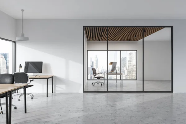 Stylish minimalistic white wall office interior with loft windows. Rows of computer tables and manager s office. 3d rendering mock up