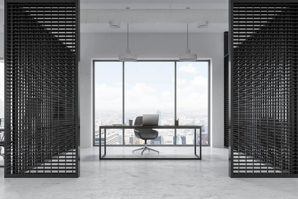 Panoramic Window Manager Office Modern Business Center Stylish Table Computer — Stock Photo, Image