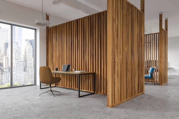 Panoramic window of manager office in a modern business center with a stylish table and a computer on it. Wooden walls and a brown chair. 3d rendering
