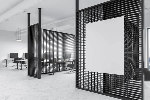 Modern ofis iç beyaz ve metal duvarlı, panoramik bir pencere bir cityscape ve bir açık alan alanı yan görünüm. Poster kadar sahte. 3D render