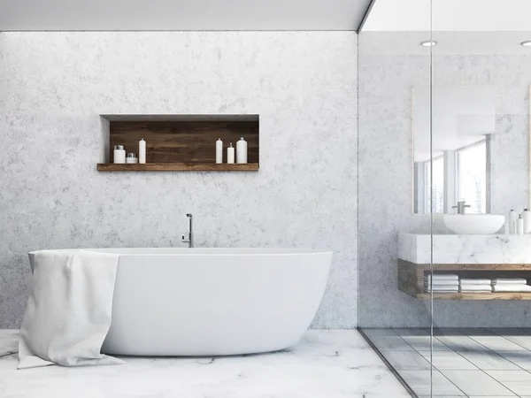 Luxury white bathroom interior with a marble floor and a white tub with a large mirror next to it. A shelf with shampoo. 3d rendering mock up — Stock Image Luxury White Bathroom Interior Marble Floor White Tub Large Mirror Royalty Free Stock Photos