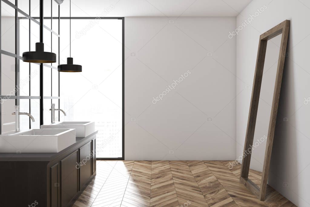 White wall bathroom interior with a metal decoration details, a wooden floor and a double sink with a mirror standing near it. Side view. 3d rendering mock up