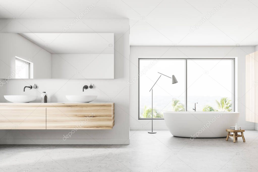 White and wooden wall panoramic bathroom interior with a tropic view. An elegant white tub is standing near the window. A double sink is next to it. 3d rendering mock up
