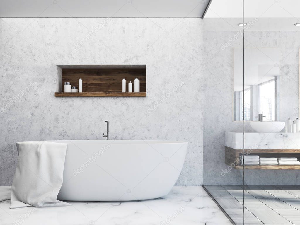 Luxury white bathroom interior with a marble floor and a white tub with a large mirror next to it. A shelf with shampoo. 3d rendering mock up