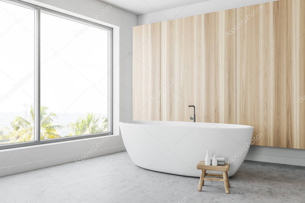 Wooden wall panoramic bathroom corner with an elegant white tub standing near the window. A small chair with shampoo bottles is next to it. 3d rendering mock up