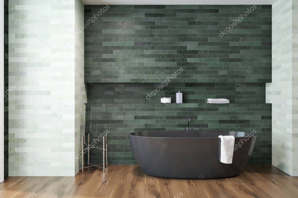 Luxury bathroom interior with emerald and white walls, a wooden floor, and a black bathtub. 3d rendering mock up