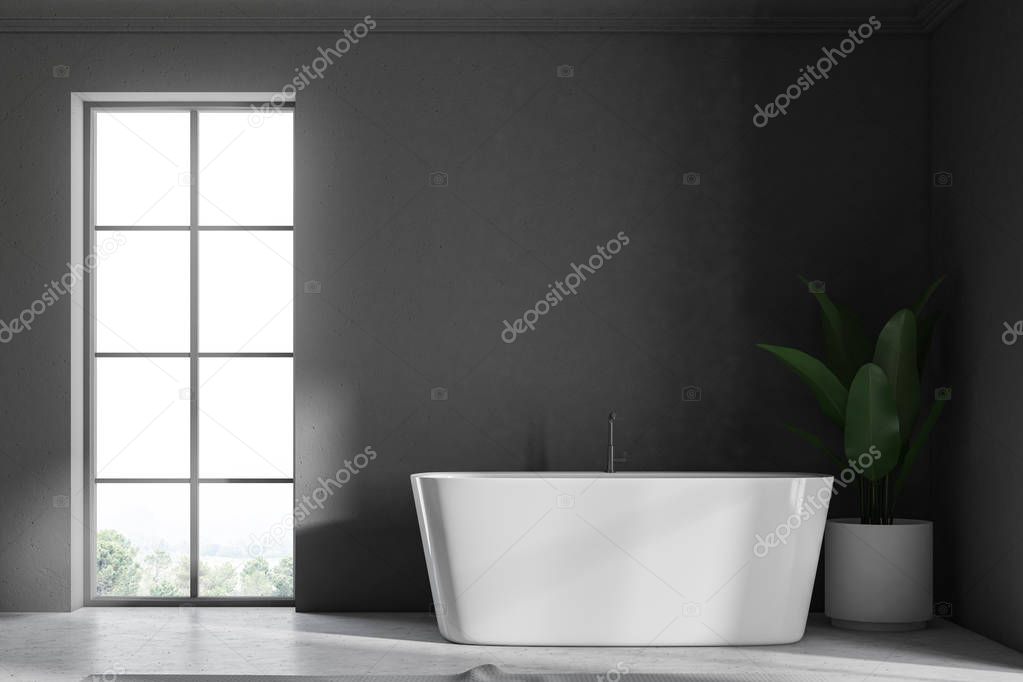Gray wall loft bathroom interior with a concrete floor. An angular white tub is standing near the window. A potted plant is next to it. A close up. 3d rendering mock up