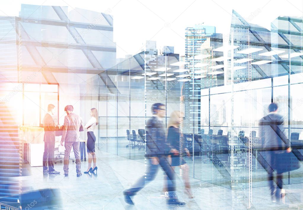 Business people walking and talking in a modern office corridor with a reception. A skyscraper in the foreground. Business lifestyle concept. Toned image double exposure mock up