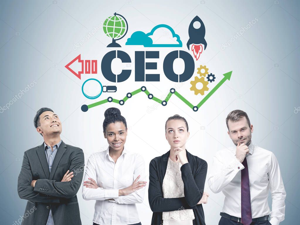 Diverse business team members standing in a row. A gray wall background with a CEO sketch and start up icons on it