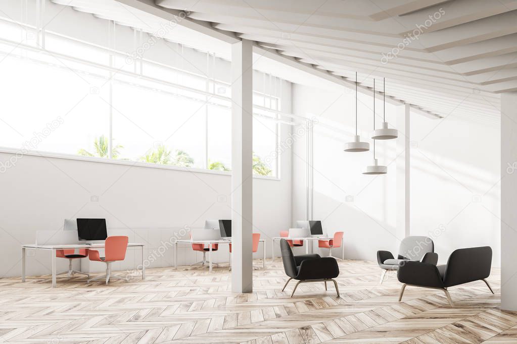 White wall industrial style office interior with a wooden floor, a long narrow window and a pitched roof. Columns. Angle view. Waiting area. 3d rendering mock up