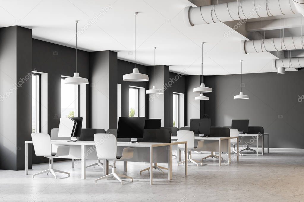 Dark gray minimalistic office corner with a white floor, loft windows, simple white tables and chairs. Computers on desks. 3d rendering mock up