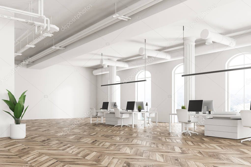 Modern company office interior with white computer tables, arched windows and a wooden floor. Concept of interior design. Angle view. Plant in a pot 3d rendering mock up.