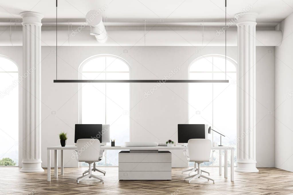 Modern company office interior with white computer tables, arched windows and a wooden floor. Concept of interior design. 3d rendering mock up.