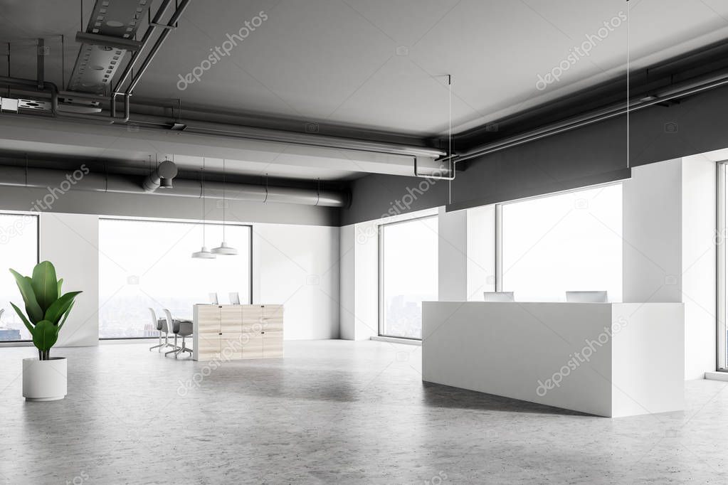 White reception table standing in a modern company open space office with panoramic windows. Concept of business interior. 3d rendering mock up