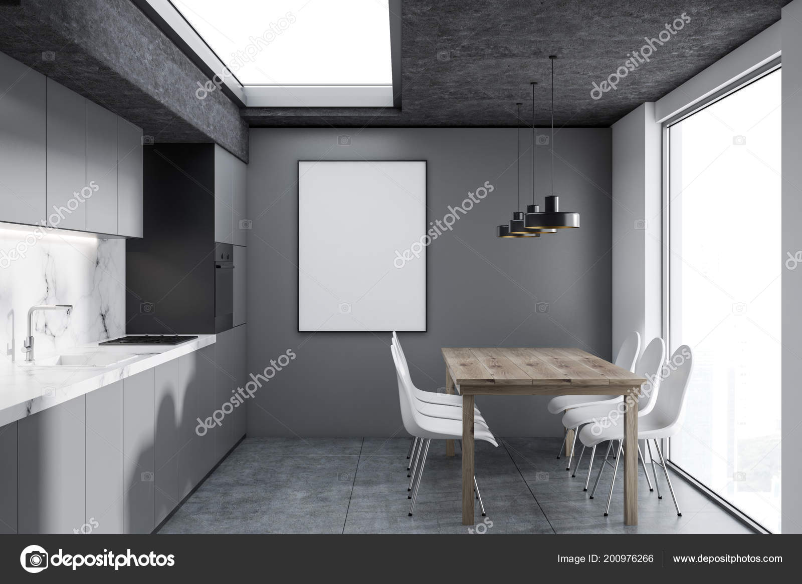 Modern Kitchen Interior White Marble Gray Walls Concrete