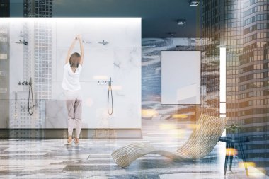 Siyah ve beyaz mermer lüks banyo iç duş kabini ve lavabo yuvarlak ayna ile. Bir şezlong ve bir poster. Kadın 3d render sahte kadar çift tonlu görüntü pozlaması