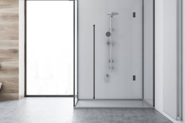 Beyaz banyo iç bir beton zemin, çatı penceresi ve beyaz duş kabini. 3D render alay