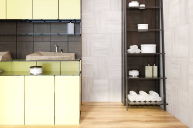 Beyaz ve siyah ahşap duvar banyo havlu ve şampuan yakınında için raflar ile sarı bir çift lavabo. A yakın çekim. 3D render alay