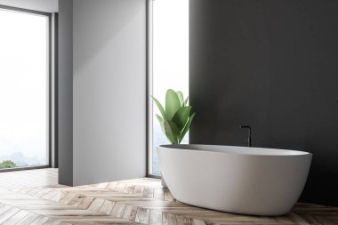 Bir ahşap zemin, çatı windows ve bir saksı bitki yanında beyaz bir küvet ile banyo beyaz ve gri köşe. 3D render alay