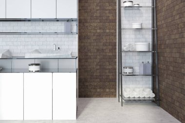 Ayakta beyaz ve tuğla banyoda beyaz mutfak tezgahı üzerinde lavabo iç. Raflar için değil. 3D render alay