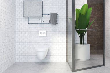 Beyaz tuğla lavabo iç bir beton zemin, bir tuvalet ve bir tencerede bir bitki. 3D render alay