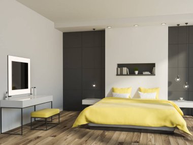 Beyaz ve gri duvar yatak odası iç sarı bir yatak, üstünde bir rafta bir ahşap zemin ve Tv ayarlayın. 3D render alay