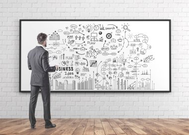 Gri takım elbise giymiş bir sakallı genç işadamı duran ve kağıtları tutarak. O iple çekiyor. İş planı kroki bir beyaz tahta üzerinde