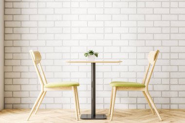 Beyaz tuğla duvarlar, ahşap zemin ve ahşap masa sandalye ile minimalist kafe iç. 3D render alay