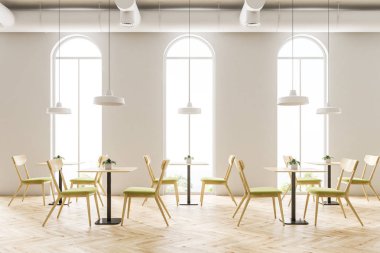 Sanayi tarzı kafe iç beyaz tuğla duvarlar, ahşap zemin, kemerli pencereler ve ahşap masa sandalye ile birlikte. 3D render alay