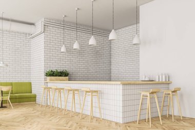 Beyaz tuğla duvarlar, ahşap zemin ve ahşap masa sandalye ve yeşil kanepe ile sanayi tarzı kafe köşesinde. Bir bar. 3D render alay