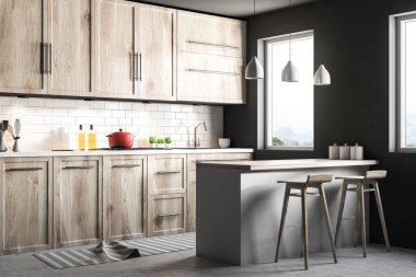 İskandinav tarzı mutfak köşesi ile döşeli mavi siyah ve beyaz duvarlar, ahşap zemin, ahşap mutfak tezgahı ve dolapları ve dışkı olan çubuk. 3D render alay