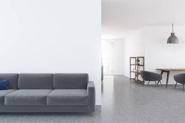 Bir gri zemin ve duvarın yanında uzun süre rahat ayakta beyaz salon iç. 3D render alay