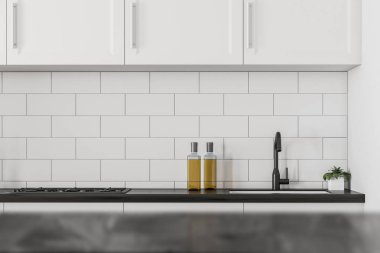 Beyaz çini mutfak iç tencere tencere yakınındaki siyah mutfak tezgahı ve beyaz dolapları ile. 3D render alay