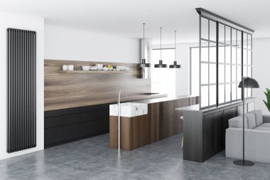 Beyaz ve ahşap duvarlar, çatı penceresi, gri mutfak tezgahı ve ahşap zemin ile mutfak iç. 3D render alay