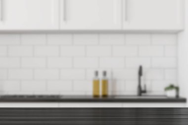 Beyaz çini mutfak iç tencere tencere yakınındaki siyah mutfak tezgahı ve beyaz dolapları ile. 3d render alay kadar bulanık