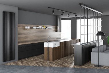 İç mutfak gri ve ahşap duvar, çatı penceresi, gri mutfak tezgahı ve ahşap zemin ile. 3D render alay