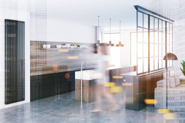 Beyaz ve ahşap duvarlar, çatı penceresi, gri mutfak tezgahı ve ahşap zemin ile mutfak iç. Kadın 3d render sahte tonlu görüntü çift pozlama kadar bulanık