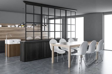 Ahşap ve gri mutfak ve yemek odası iç bir beton döşeme, ahşap masa sandalye ile ve windows çatı. 3D render alay