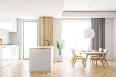 Beyaz dolapları, ahşap zemin, ahşap masa sandalye ile ve bir çatı penceresi ile beyaz ve ahşap mutfak iç yan görünüm. 3D render alay